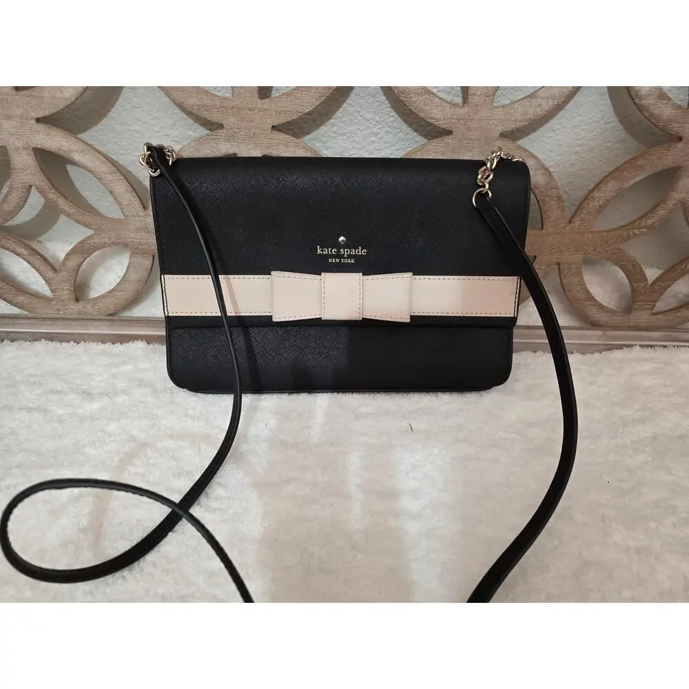 Kate Spade Kirk Park Leather Veronique Crossbody Black/ Taupe Bow (P6)